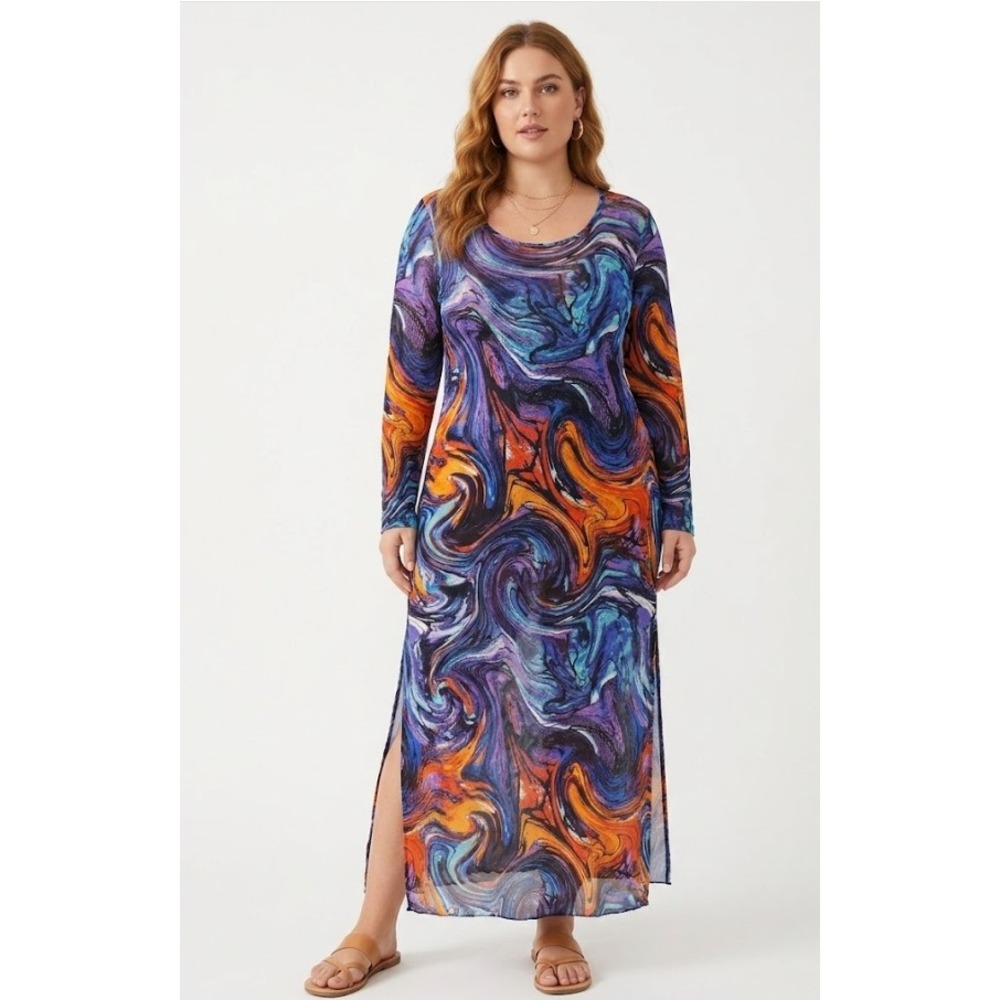 NYC Mesh Dress 1X Colorful Psychedelic Marble Swirl Ruched Side Swim Cover